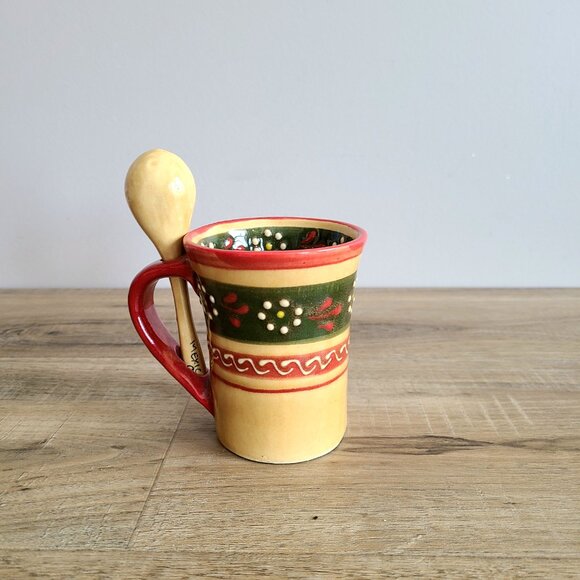 Mexican hand painted mug with spoon. - Picture 2 of 5